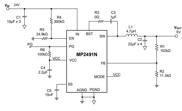 Application Circuit Diagram - Monolithic Power Systems (MPS) MP2491N Synchronous Step-Down Converters